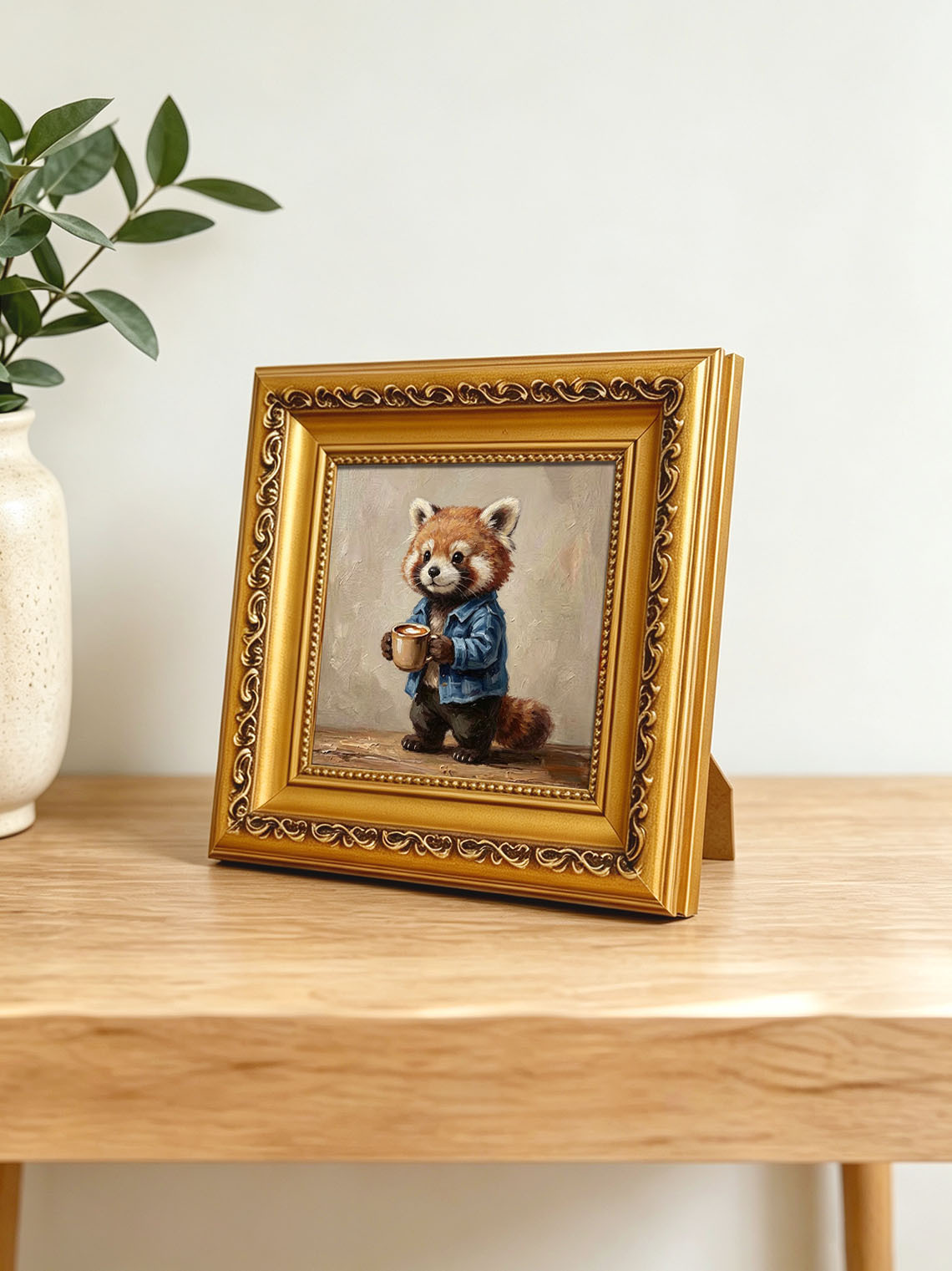 Cute Red Panda In Denim Jacket Holding Coffee Mug Impasto Oil Painting Custom oil painting from photo, Gift for friend，Size 4x4