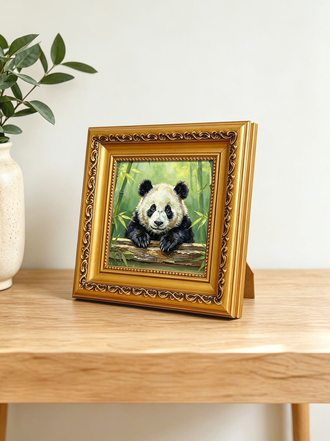 Adorable Giant Panda Leaning Over Log In Bamboo Forest Impasto Oil Painting Custom oil painting from photo, Gift for friend，Size 4x4