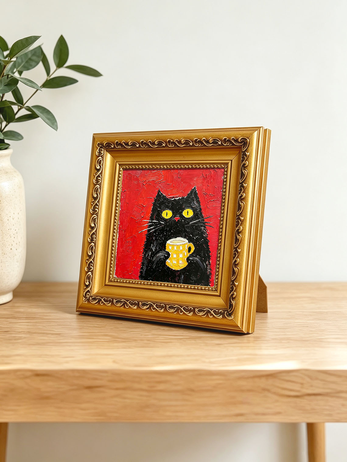 Whimsical Black Cat Holding Yellow Checkered Mug Red Background Oil Painting Custom oil painting from photo, Gift for friend，Size 4x4