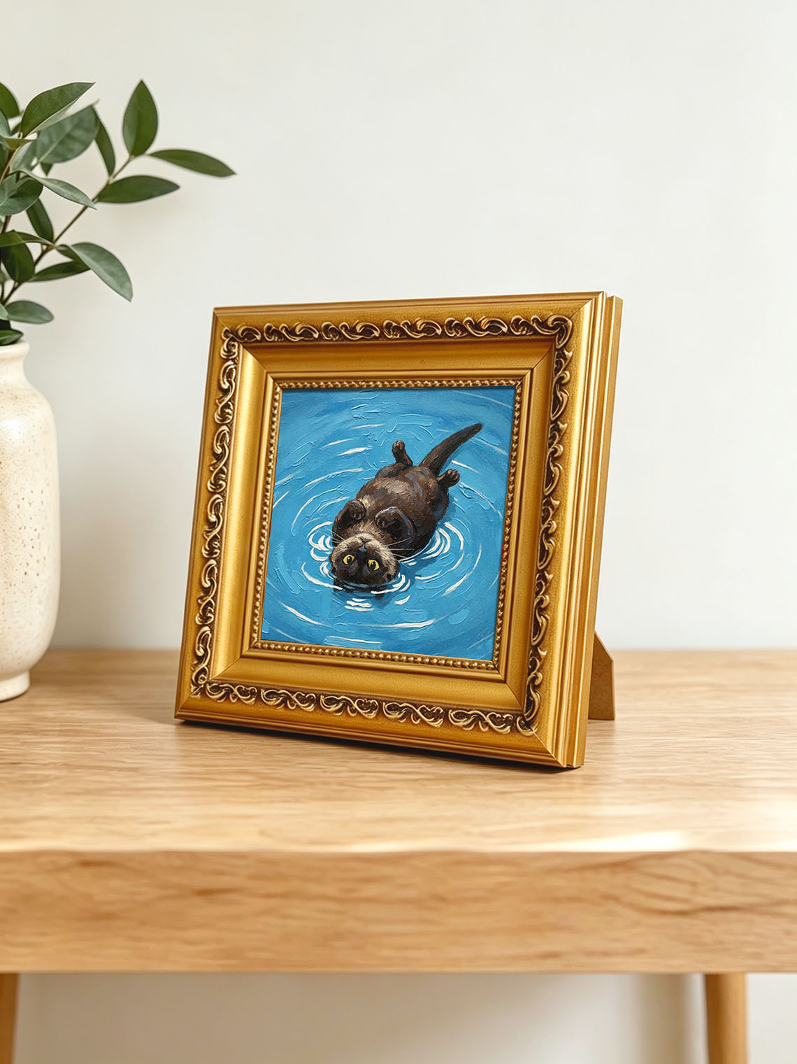 Playful Otter Floating On Bright Blue Rippling Water Impasto Oil Painting Custom oil painting from photo, Gift for friend，Size 4x4
