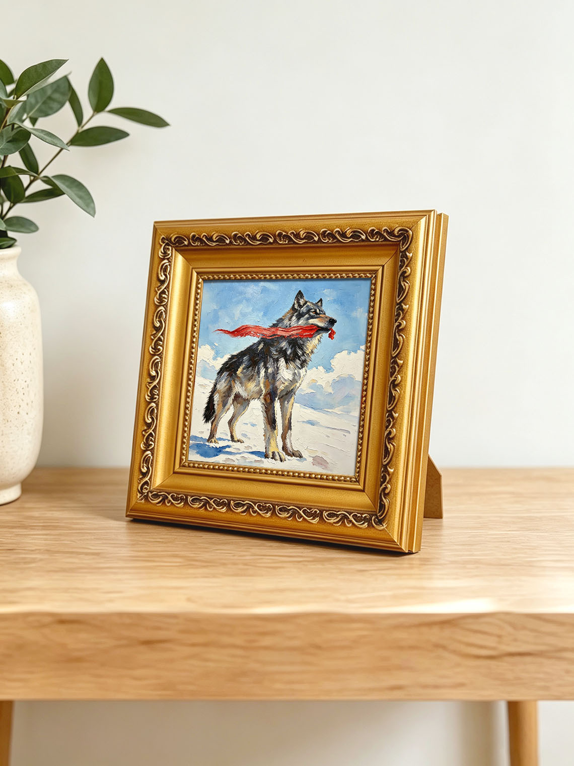 Wild Grey Wolf Holding Flowing Red Ribbon On Snowy Winter Landscape Oil Painting Custom oil painting from photo, Gift for friend，Size 4x4