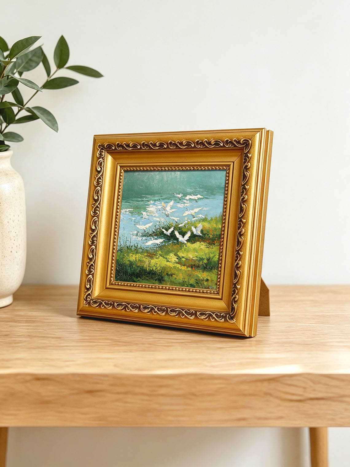 Flock of White Egrets Flying Over Green Riverside Wetland Landscape Oil Painting Custom oil painting from photo, Gift for friend，Size 4x4