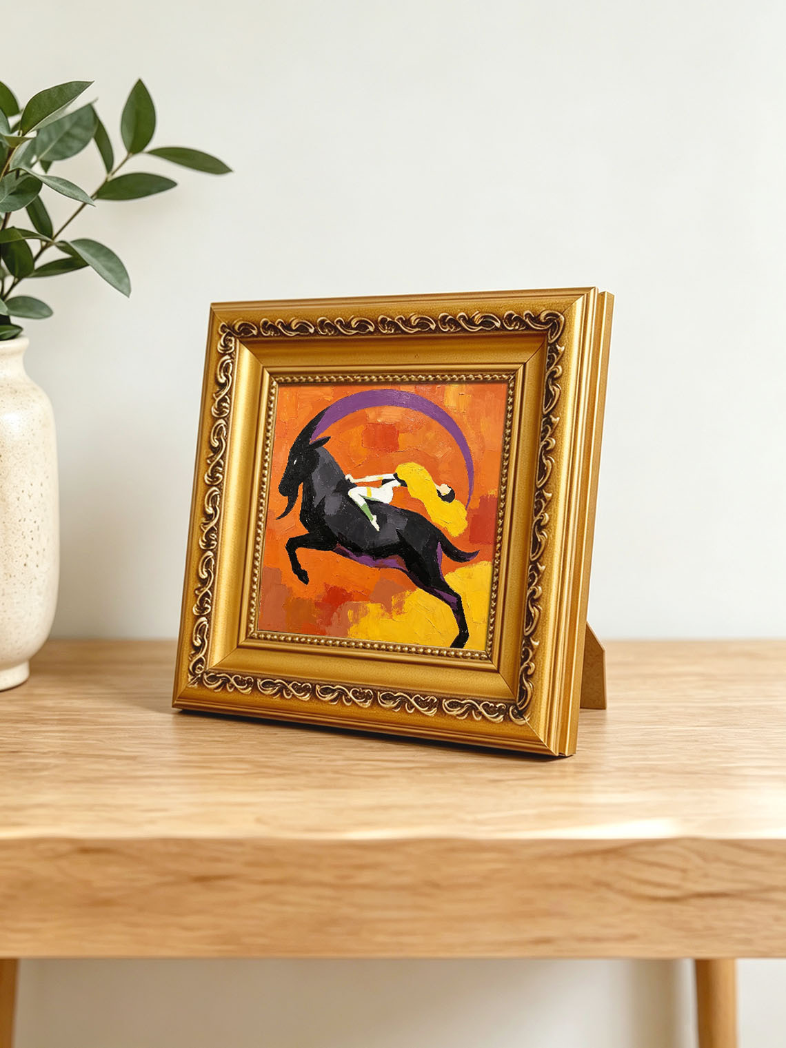 Abstract Mythological Scene Woman Riding Black Goat Bold Orange Background Custom oil painting from photo, Gift for friend，Size 4x4