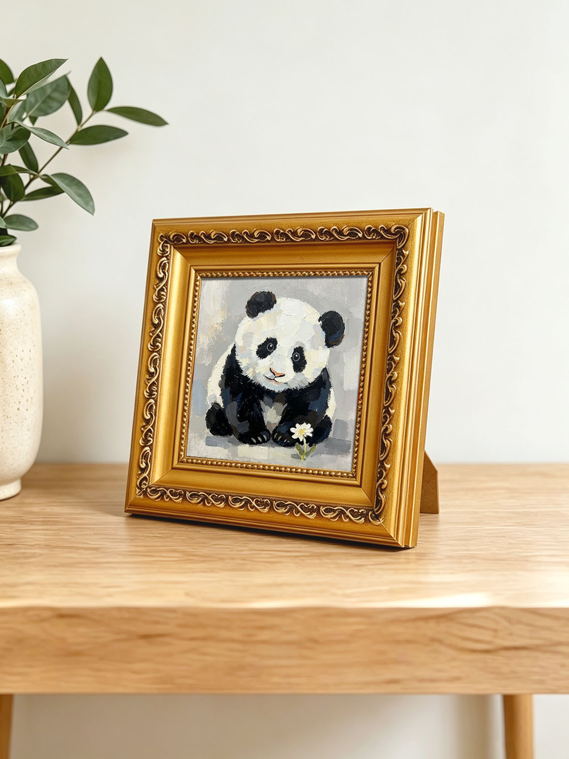 Baby Panda With White Daisy Flower Neutral Grey Background Impasto Oil Painting Custom oil painting from photo, Gift for friend，Size 4x4