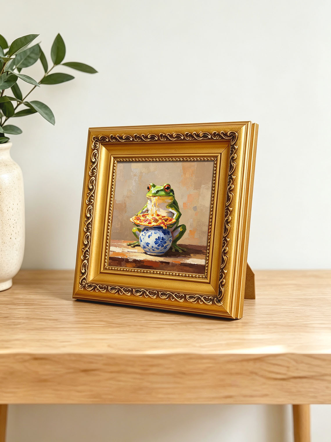 Whimsical Green Frog Eating Melted Cheese Pizza On Blue Floral Vase Oil Painting Custom oil painting from photo, Gift for friend，Size 4x4