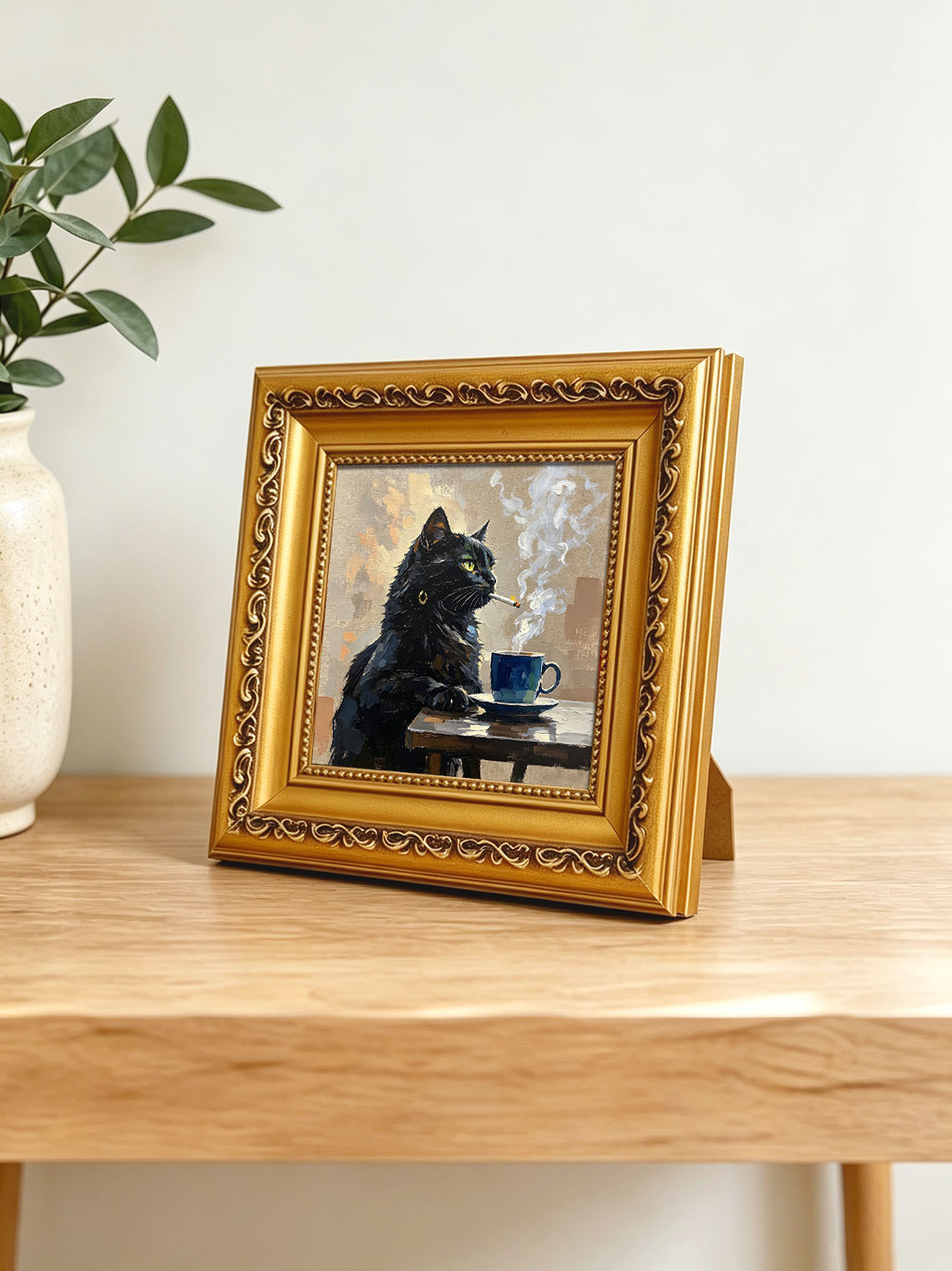 Cool Moody Black Cat With Gold Earring Beside Blue Coffee Cup On Wooden Table Custom oil painting from photo, Gift for friend，Size 4x4