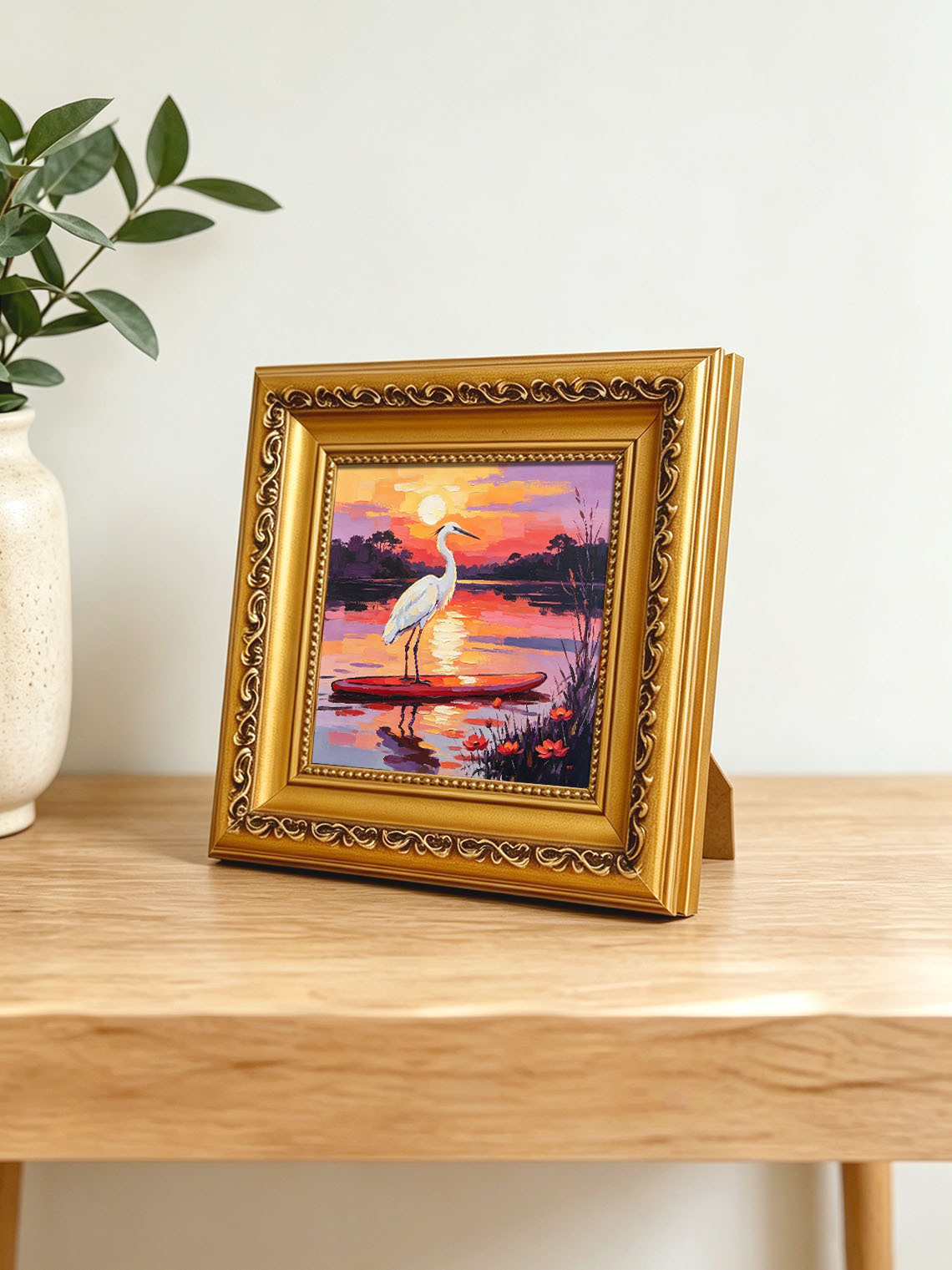 White Egret Standing on Red Paddle Board Over Lake At Vibrant Sunset Landscape Custom oil painting from photo, Gift for friend，Size 4x4