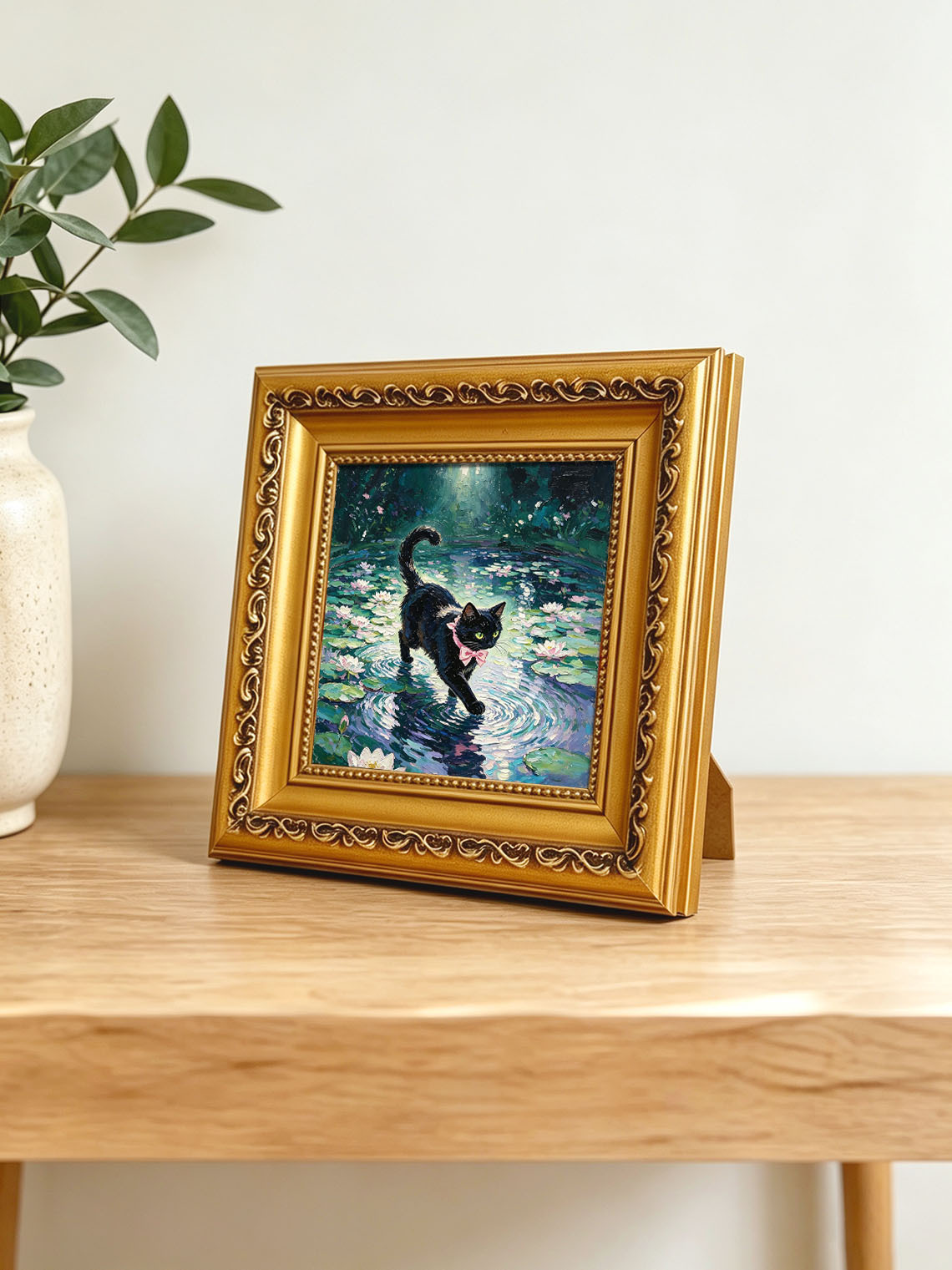 Black Cat With Pink Bow Walking Across Water Lily Pond In Sunlit Garden Custom oil painting from photo, Gift for friend，Size 4x4