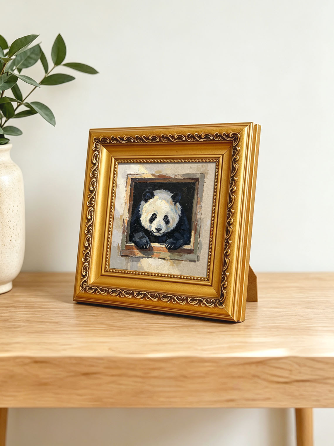Cute Giant Panda Leaning Out From Wooden Window Box Impasto Oil Painting Custom oil painting from photo, Gift for friend，Size 4x4