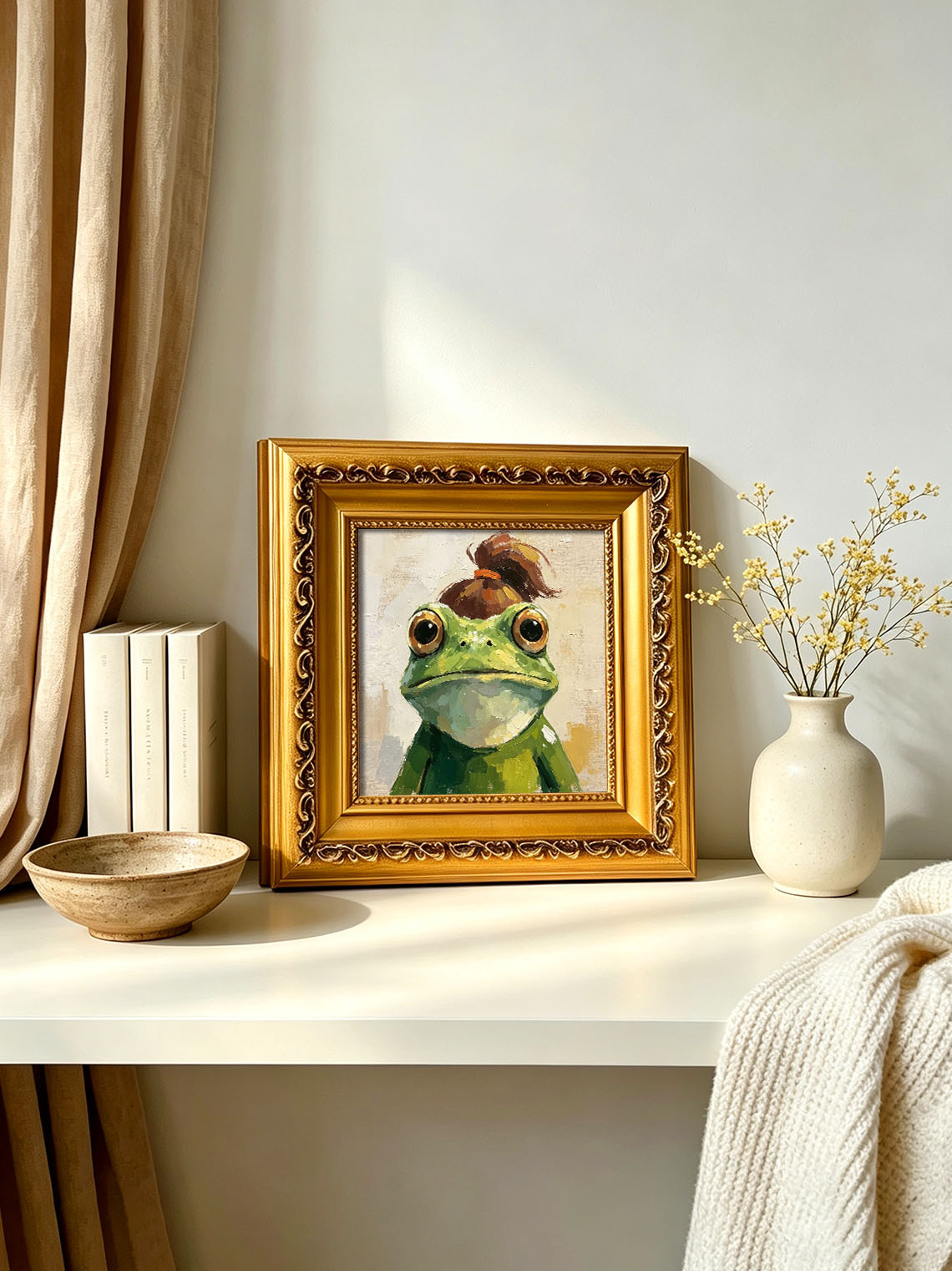 Frog With Messy Bun Hairstyle Whimsical Oil Painting Warm Beige Background  Custom oil painting from photo, Gift for friend，Size 4x4