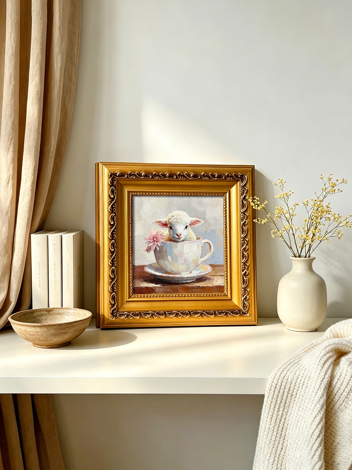 Baby Lamb Inside Pastel Teacup With Pink Flower Whimsical Custom oil painting from photo, Gift for friend，Size 4x4
