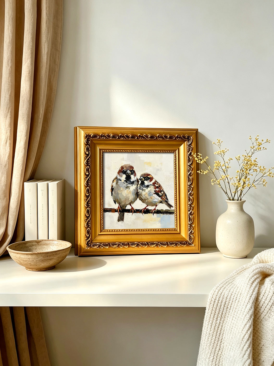 Pair Of Sweet Sparrows On Branch Oil Painting Soft Cream Textured Background  Custom oil painting from photo, Gift for friend，Size 4x4