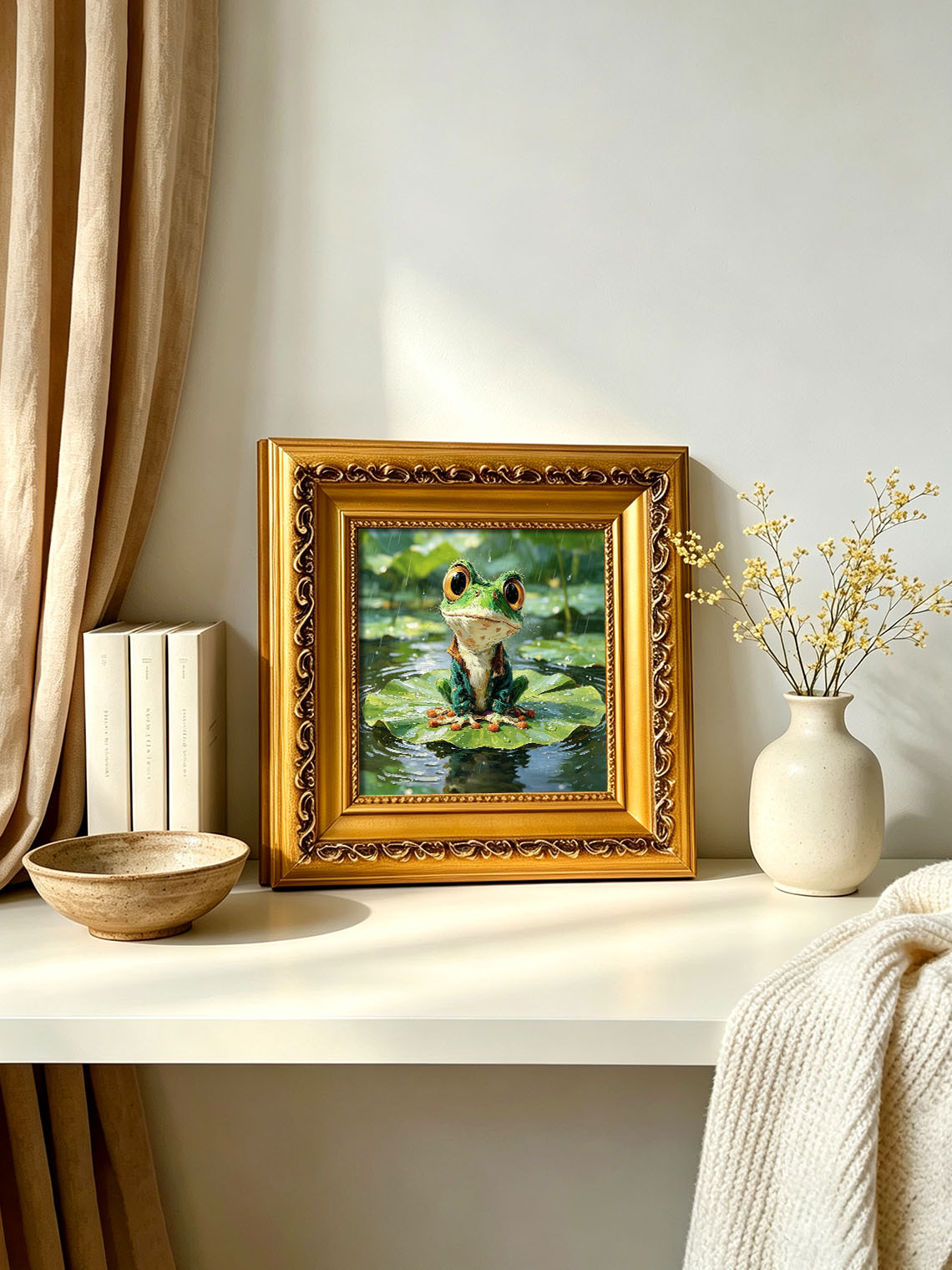Cute Dressed Green Frog Sitting On Rainy Lotus Leaf Impasto Oil Painting Custom oil painting from photo, Gift for friend，Size 4x4