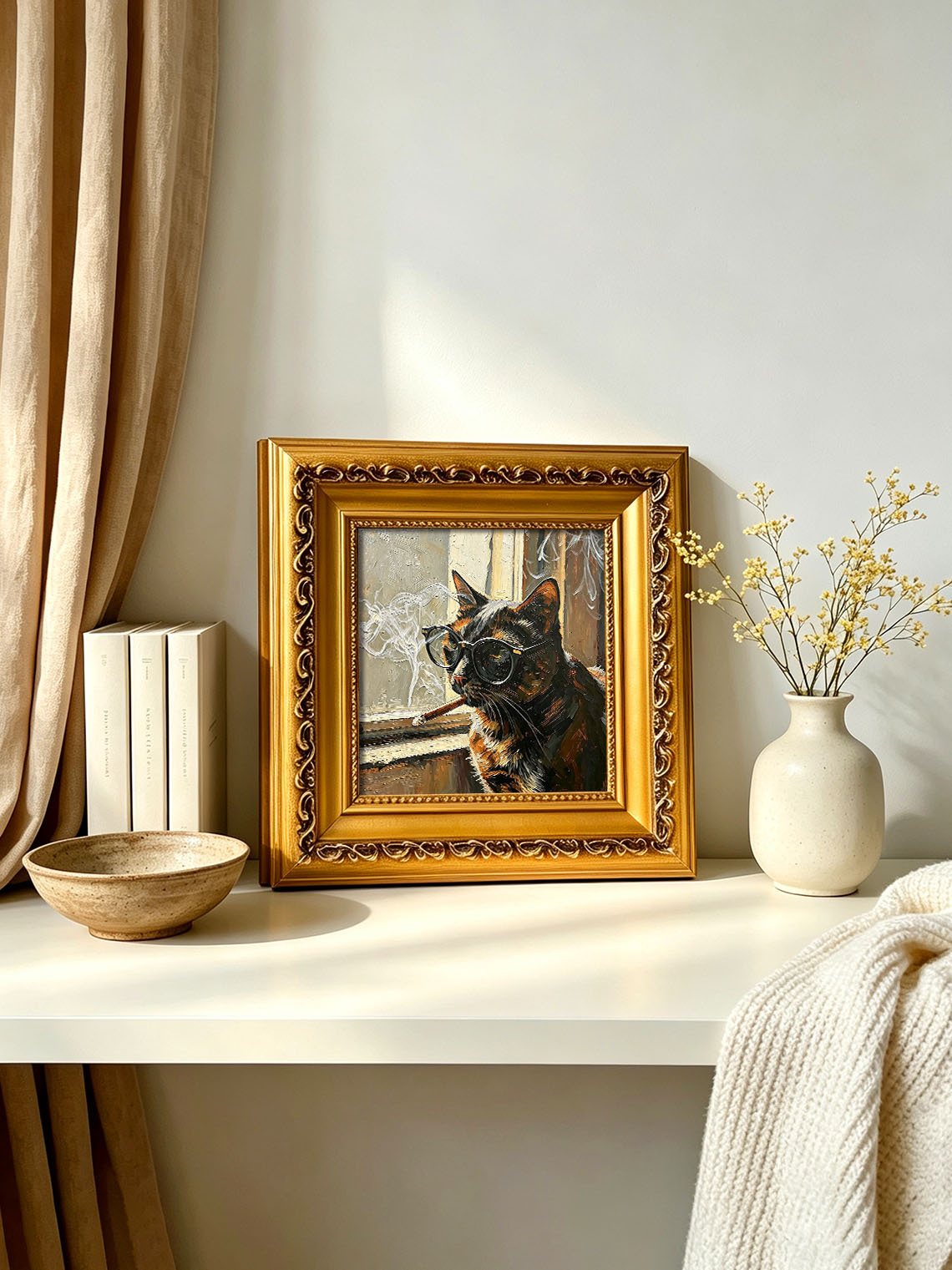 Cool Tortoiseshell Cat With Glasses By Window Impasto Oil Painting Custom oil painting from photo, Gift for friend，Size 4x4