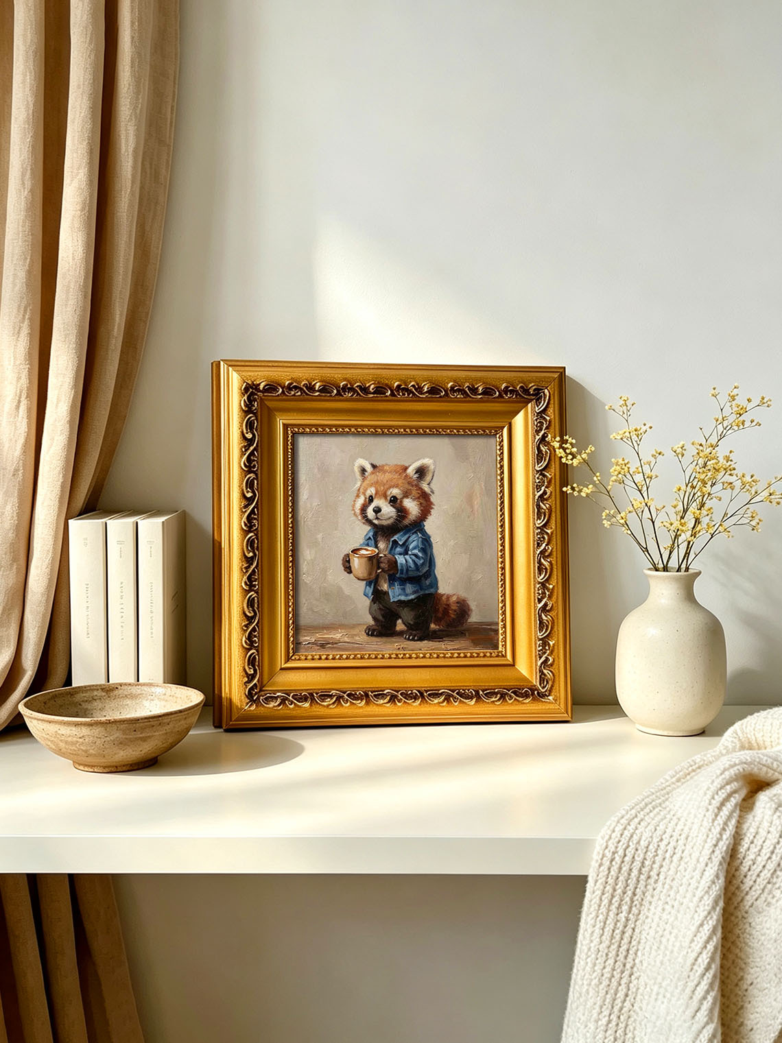 Cute Red Panda In Denim Jacket Holding Coffee Mug Impasto Oil Painting Custom oil painting from photo, Gift for friend，Size 4x4