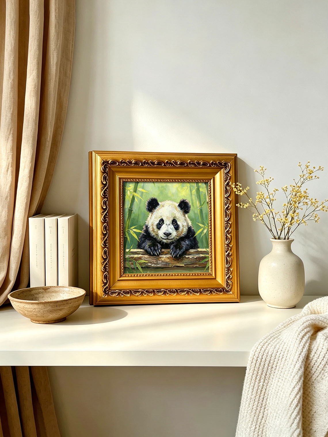Adorable Giant Panda Leaning Over Log In Bamboo Forest Impasto Oil Painting Custom oil painting from photo, Gift for friend，Size 4x4