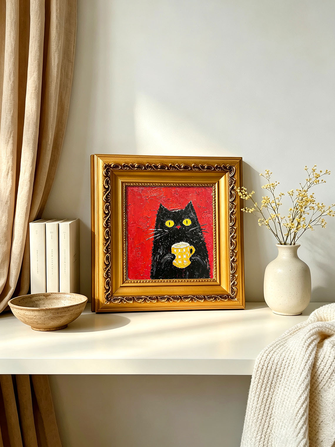 Whimsical Black Cat Holding Yellow Checkered Mug Red Background Oil Painting Custom oil painting from photo, Gift for friend，Size 4x4