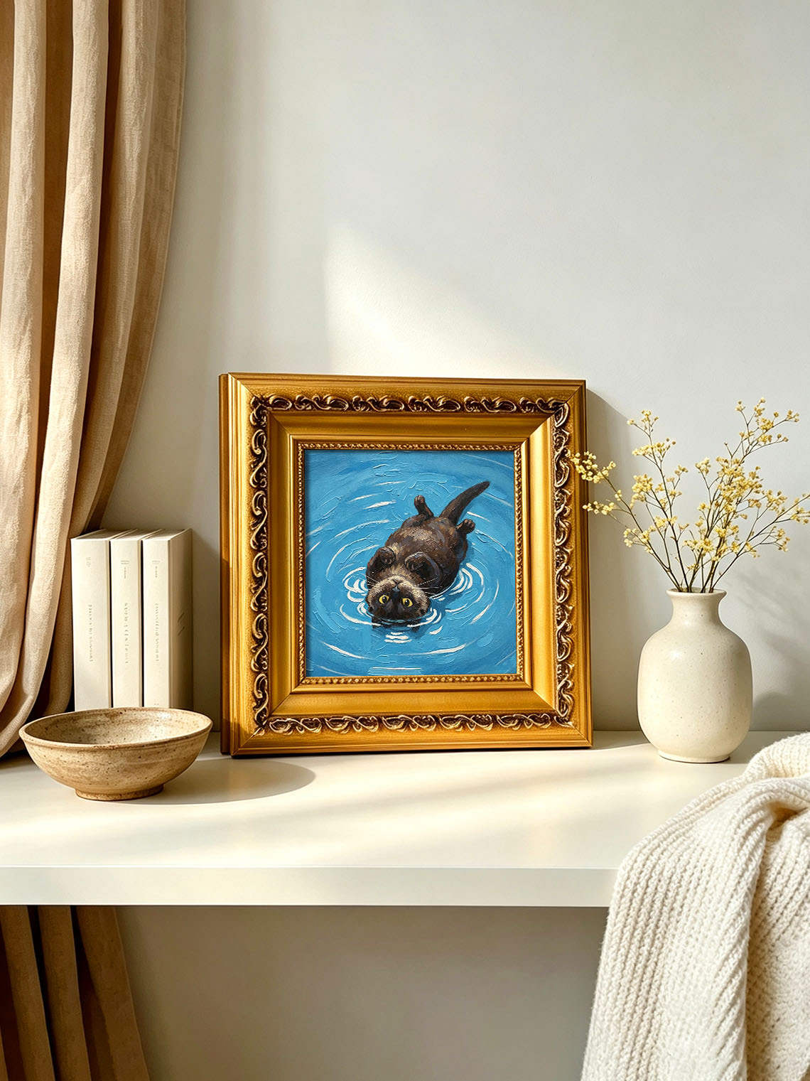 Playful Otter Floating On Bright Blue Rippling Water Impasto Oil Painting Custom oil painting from photo, Gift for friend，Size 4x4