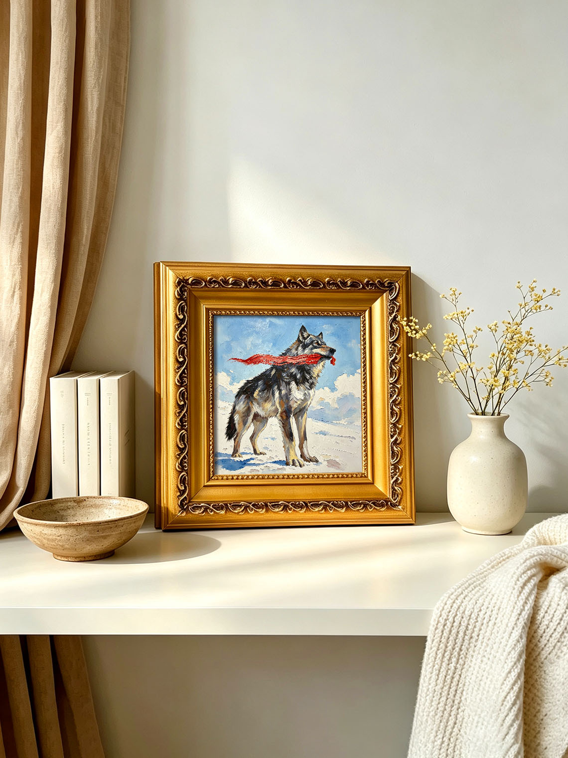 Wild Grey Wolf Holding Flowing Red Ribbon On Snowy Winter Landscape Oil Painting Custom oil painting from photo, Gift for friend，Size 4x4