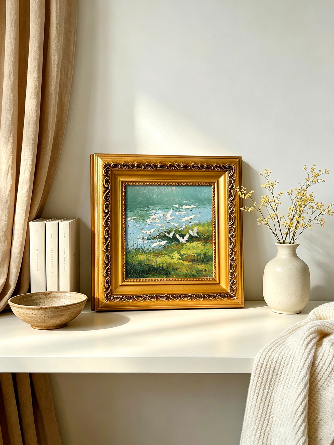 Flock of White Egrets Flying Over Green Riverside Wetland Landscape Oil Painting Custom oil painting from photo, Gift for friend，Size 4x4