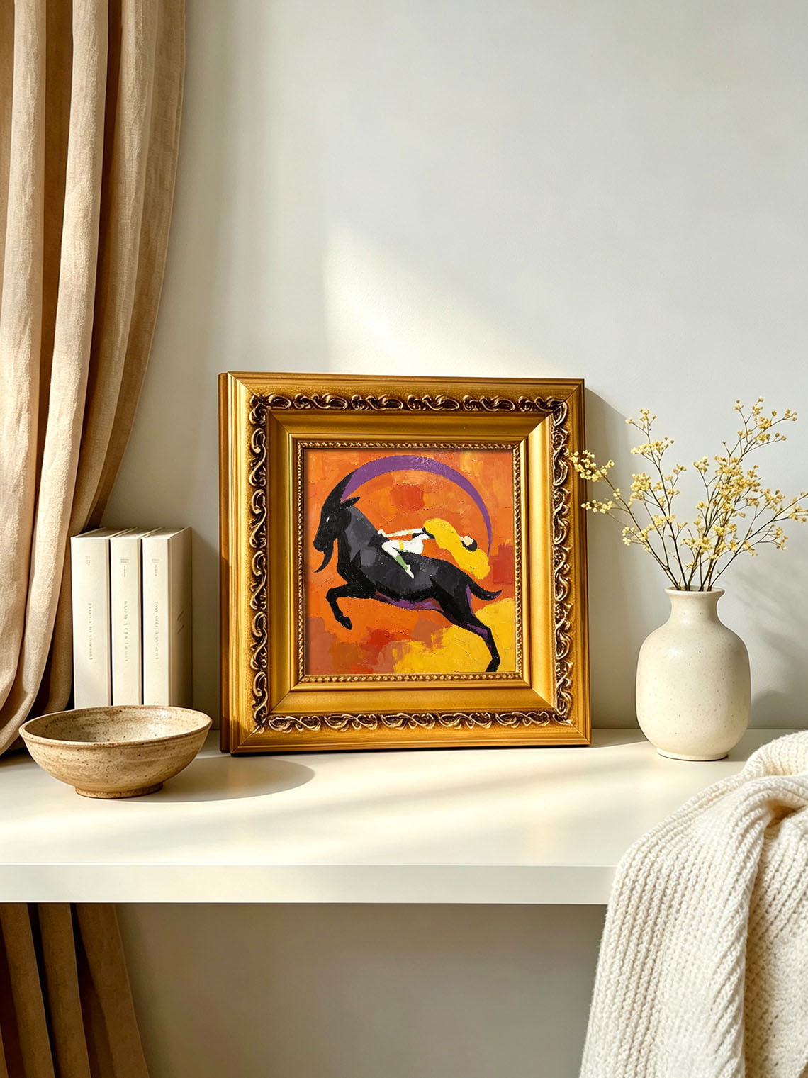 Abstract Mythological Scene Woman Riding Black Goat Bold Orange Background Custom oil painting from photo, Gift for friend，Size 4x4