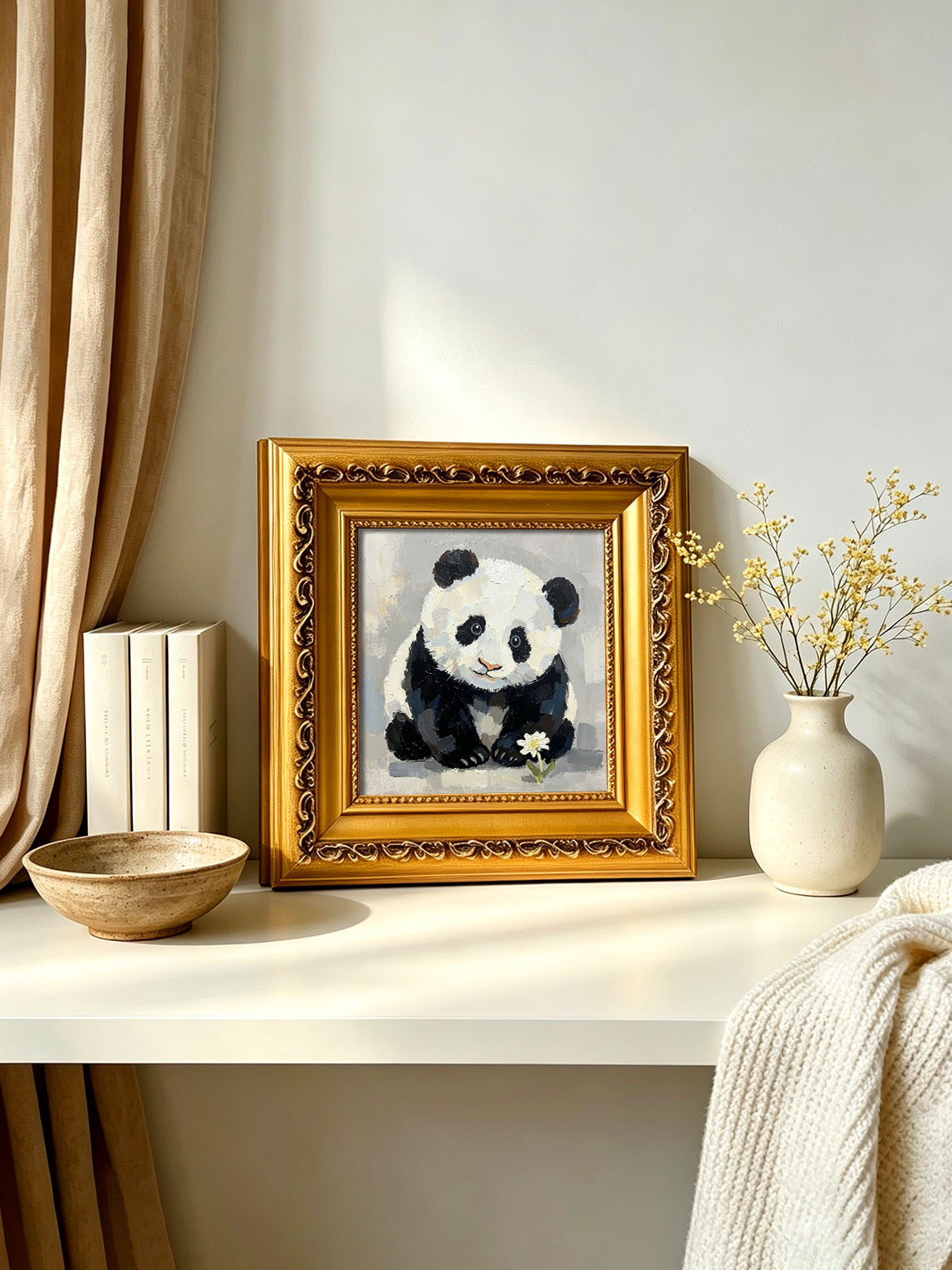 Baby Panda With White Daisy Flower Neutral Grey Background Impasto Oil Painting Custom oil painting from photo, Gift for friend，Size 4x4