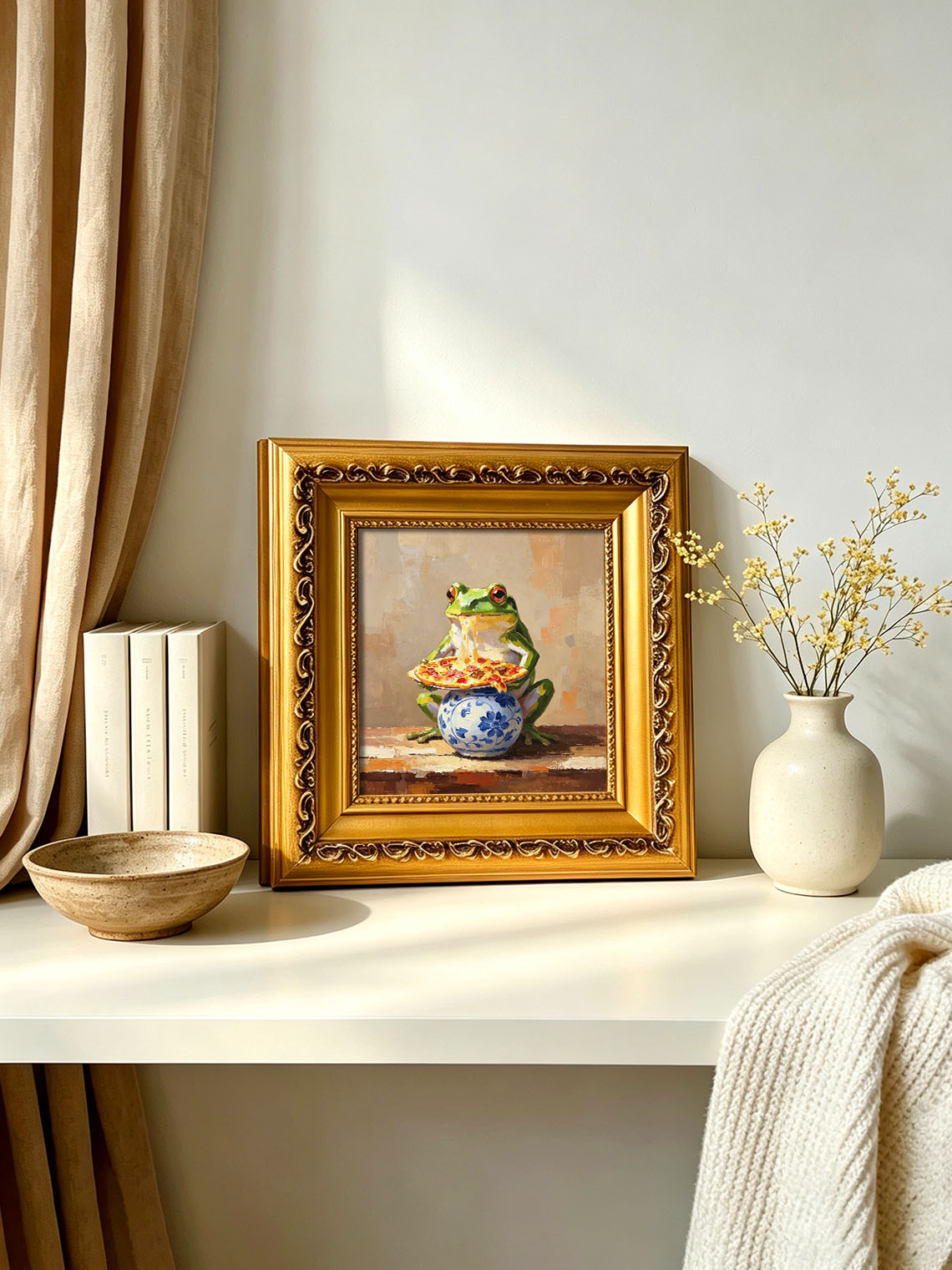 Whimsical Green Frog Eating Melted Cheese Pizza On Blue Floral Vase Oil Painting Custom oil painting from photo, Gift for friend，Size 4x4
