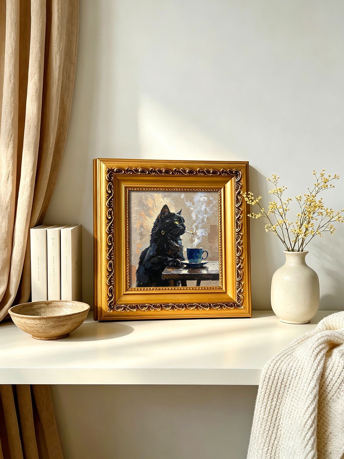 Cool Moody Black Cat With Gold Earring Beside Blue Coffee Cup On Wooden Table Custom oil painting from photo, Gift for friend，Size 4x4