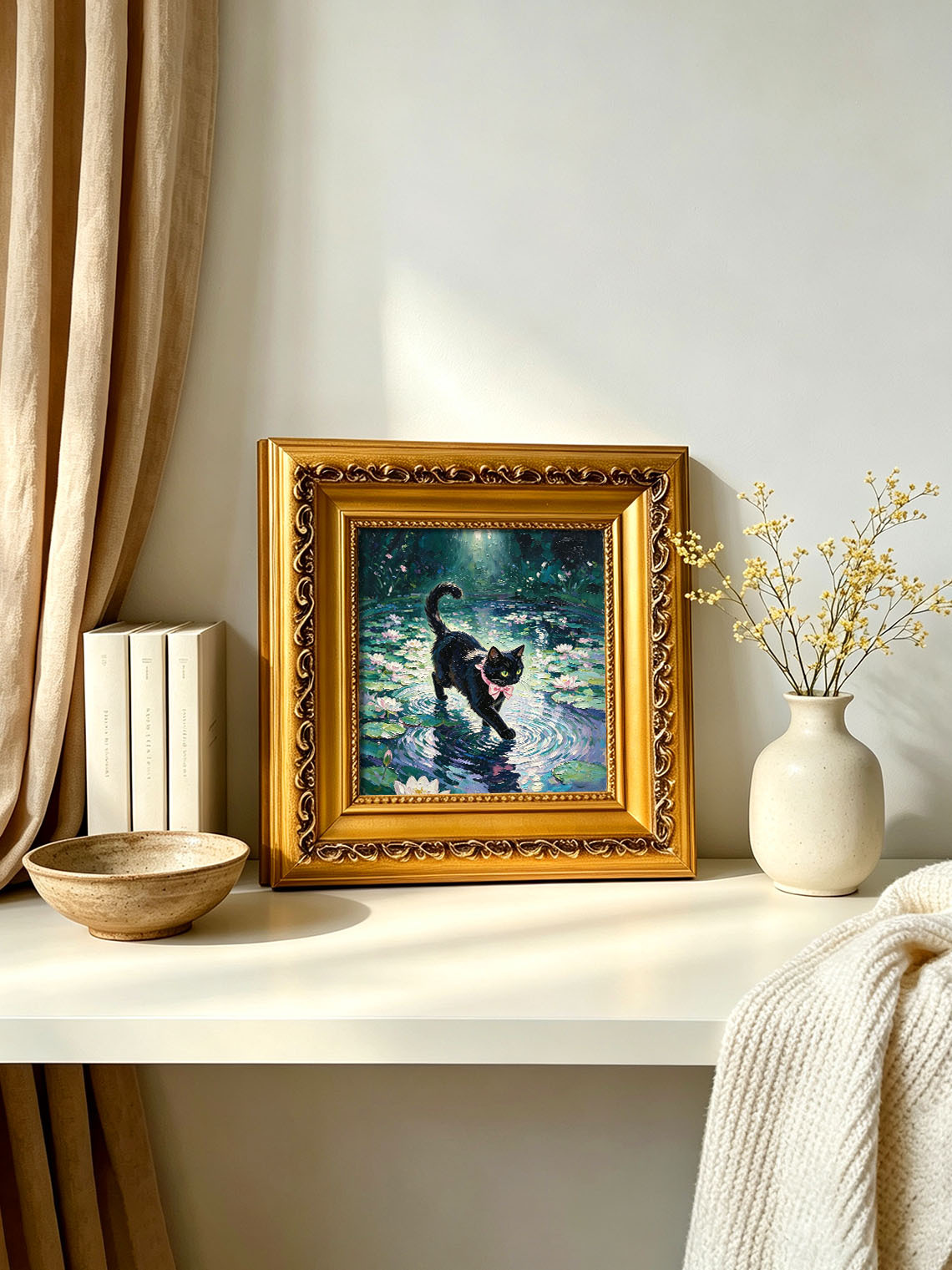 Black Cat With Pink Bow Walking Across Water Lily Pond In Sunlit Garden Custom oil painting from photo, Gift for friend，Size 4x4