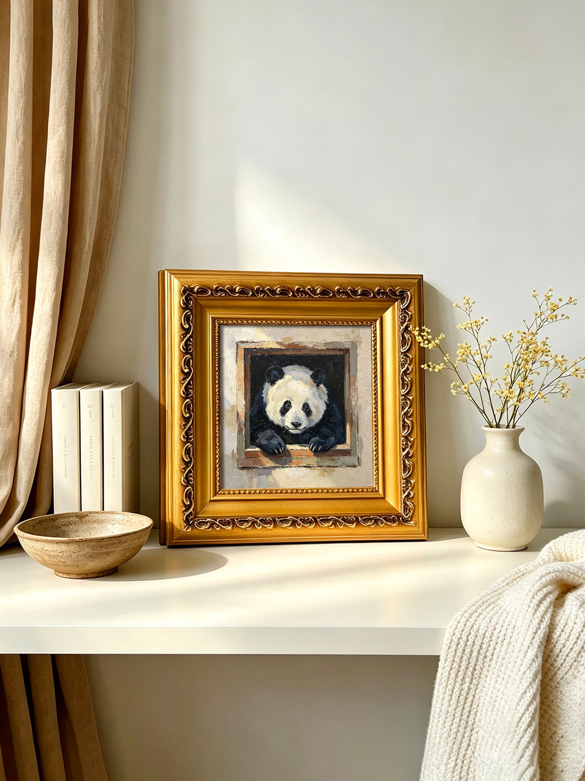 Cute Giant Panda Leaning Out From Wooden Window Box Impasto Oil Painting Custom oil painting from photo, Gift for friend，Size 4x4