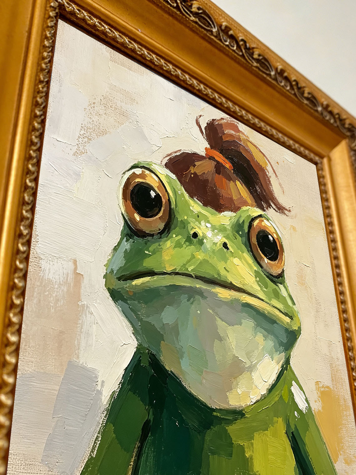 Frog With Messy Bun Hairstyle Whimsical Oil Painting Warm Beige Background  Custom oil painting from photo, Gift for friend，Size 4x4
