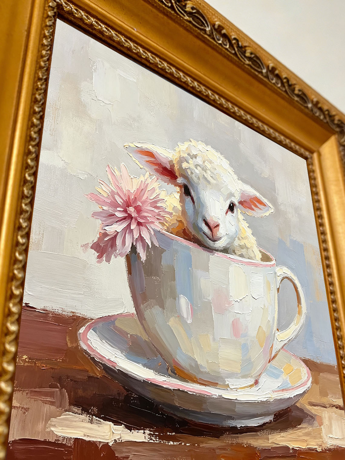 Baby Lamb Inside Pastel Teacup With Pink Flower Whimsical Custom oil painting from photo, Gift for friend，Size 4x4