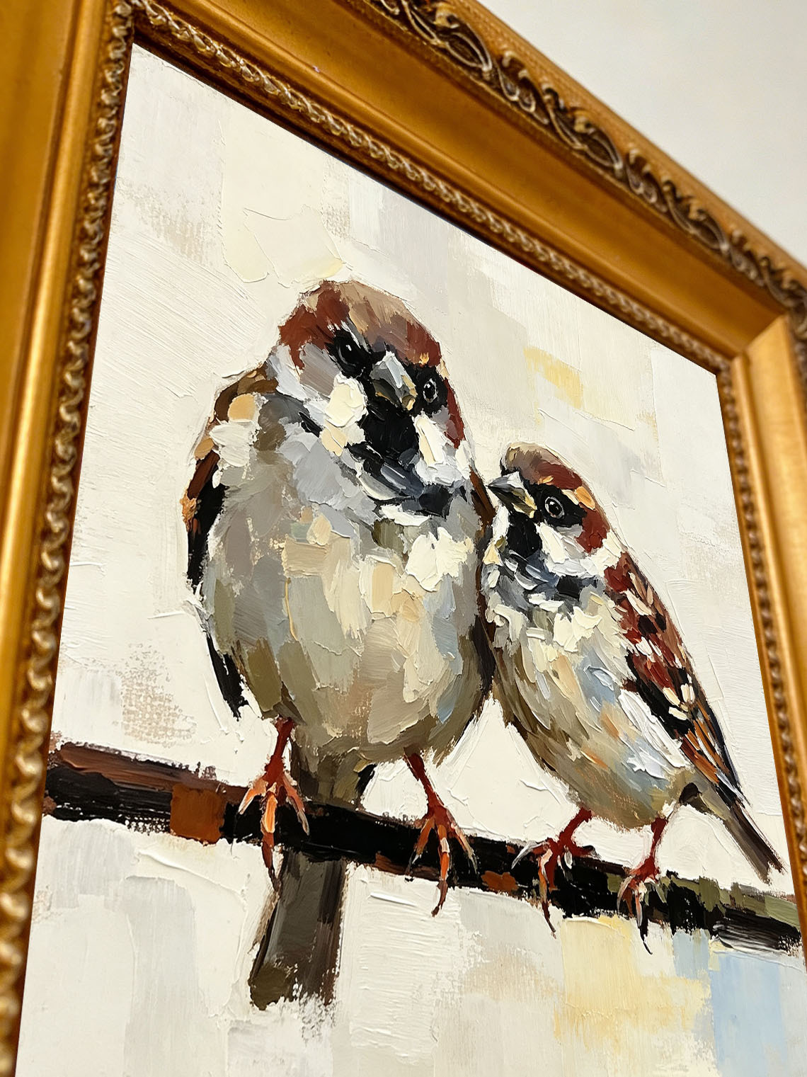 Pair Of Sweet Sparrows On Branch Oil Painting Soft Cream Textured Background  Custom oil painting from photo, Gift for friend，Size 4x4