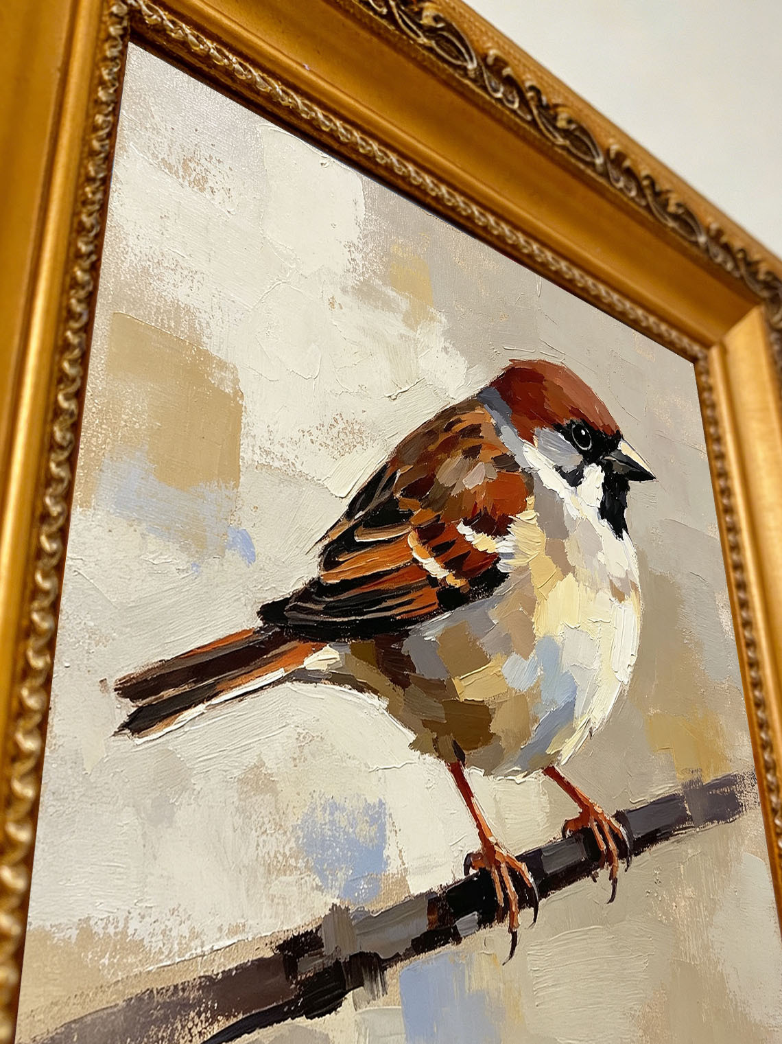 Single Sparrow Perched On Twig Oil Painting Soft Neutral Textured Background  Custom oil painting from photo, Gift for friend，Size 4x4
