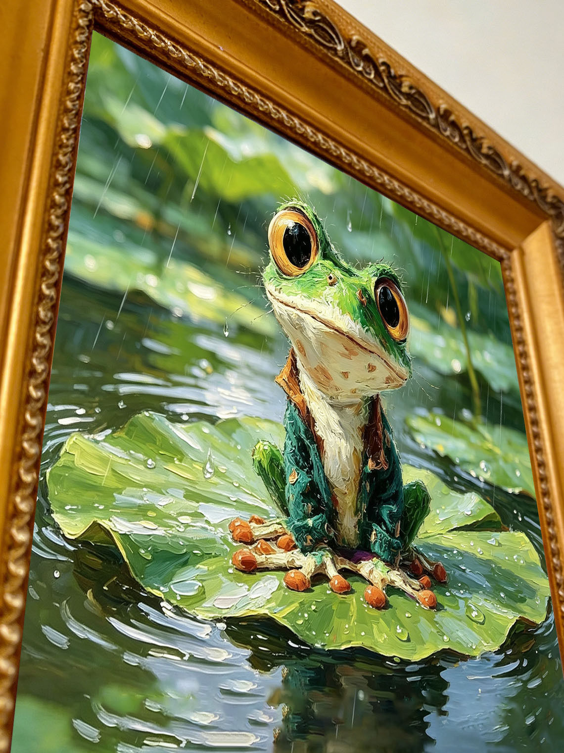 Cute Dressed Green Frog Sitting On Rainy Lotus Leaf Impasto Oil Painting Custom oil painting from photo, Gift for friend，Size 4x4