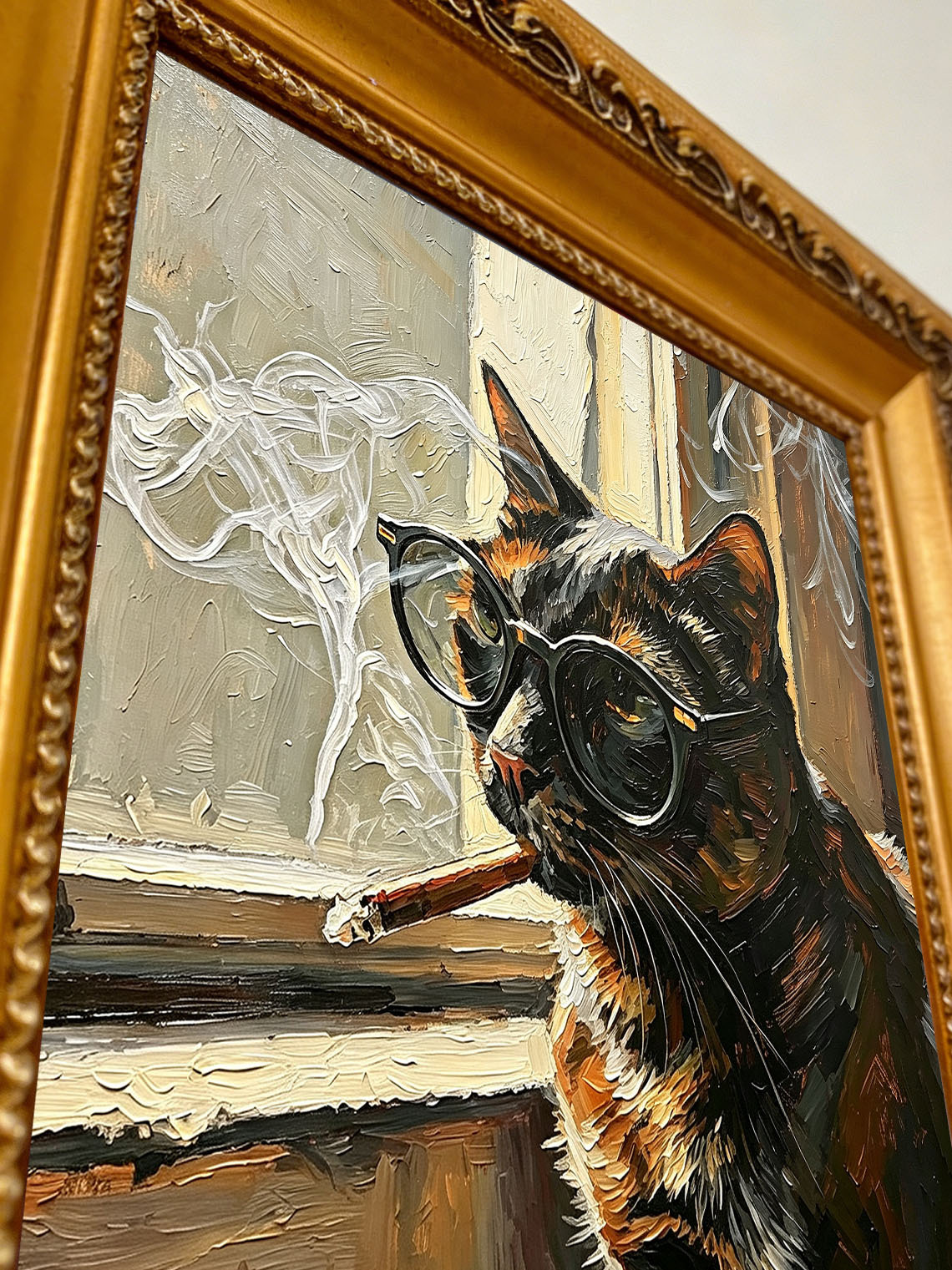 Cool Tortoiseshell Cat With Glasses By Window Impasto Oil Painting Custom oil painting from photo, Gift for friend，Size 4x4