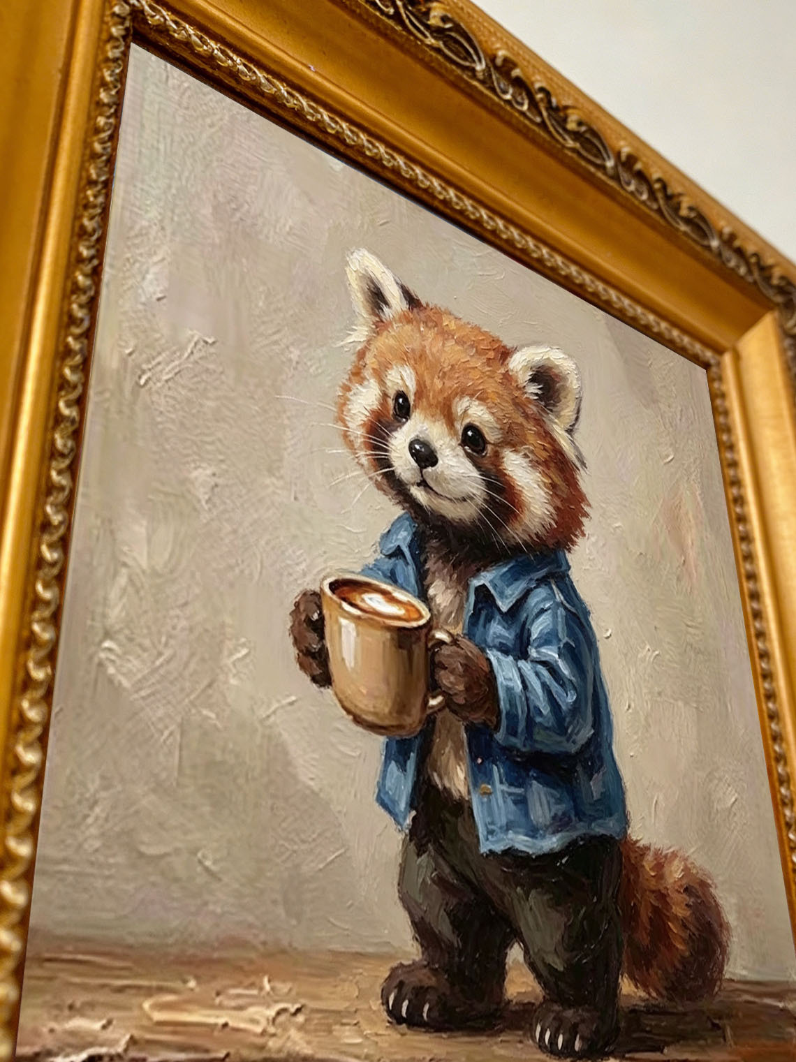 Cute Red Panda In Denim Jacket Holding Coffee Mug Impasto Oil Painting Custom oil painting from photo, Gift for friend，Size 4x4