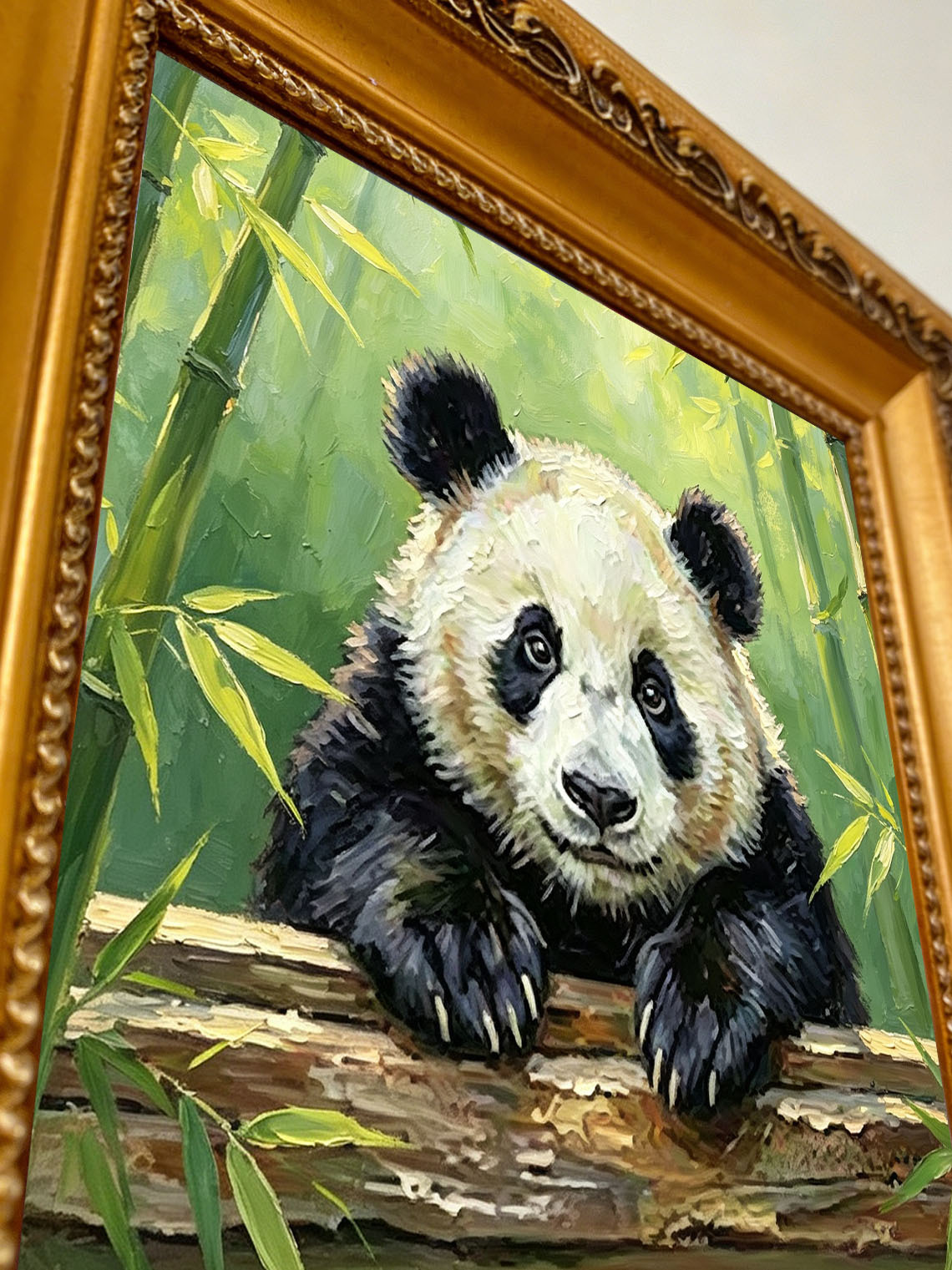 Adorable Giant Panda Leaning Over Log In Bamboo Forest Impasto Oil Painting Custom oil painting from photo, Gift for friend，Size 4x4