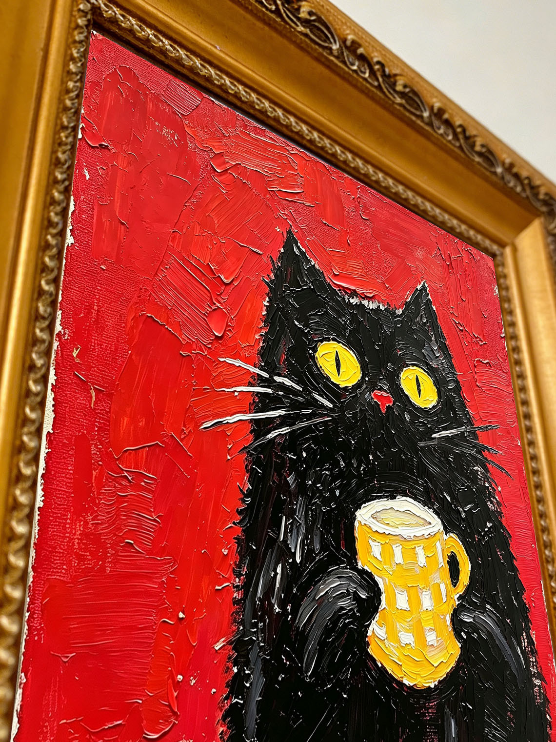 Whimsical Black Cat Holding Yellow Checkered Mug Red Background Oil Painting Custom oil painting from photo, Gift for friend，Size 4x4