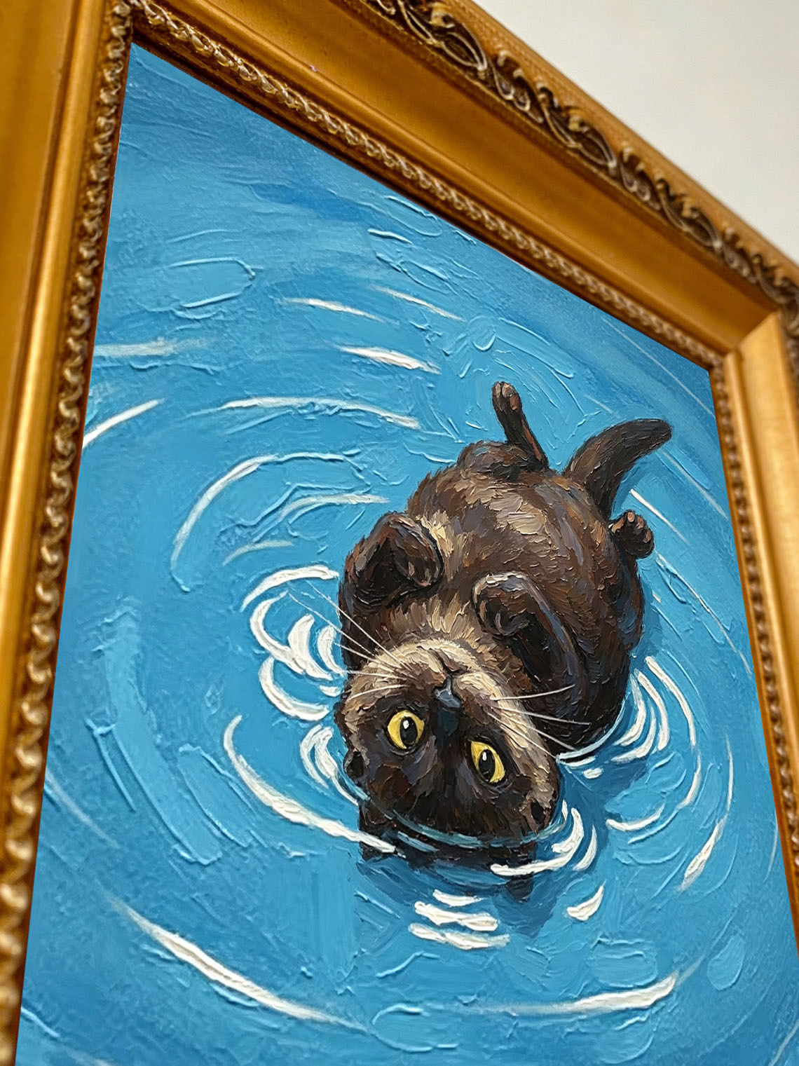Playful Otter Floating On Bright Blue Rippling Water Impasto Oil Painting Custom oil painting from photo, Gift for friend，Size 4x4