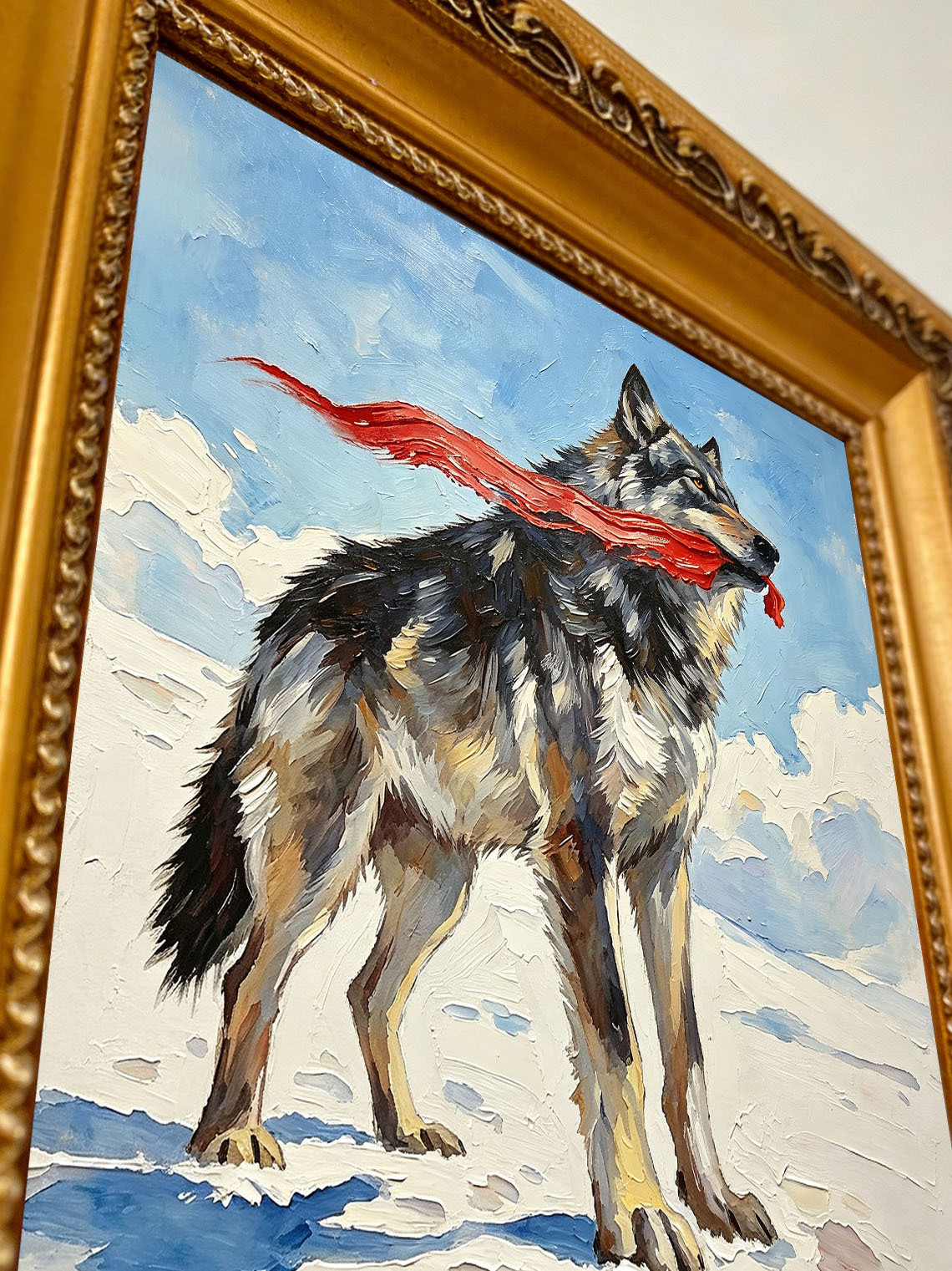 Wild Grey Wolf Holding Flowing Red Ribbon On Snowy Winter Landscape Oil Painting Custom oil painting from photo, Gift for friend，Size 4x4