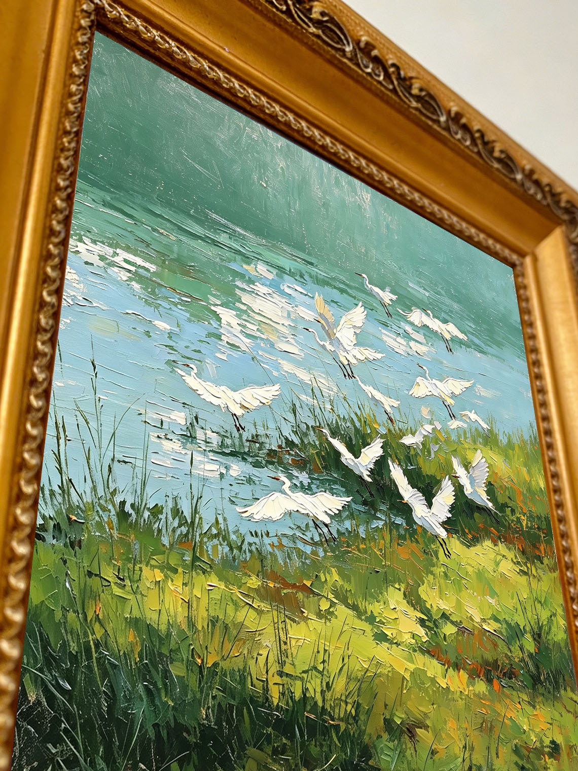 Flock of White Egrets Flying Over Green Riverside Wetland Landscape Oil Painting Custom oil painting from photo, Gift for friend，Size 4x4