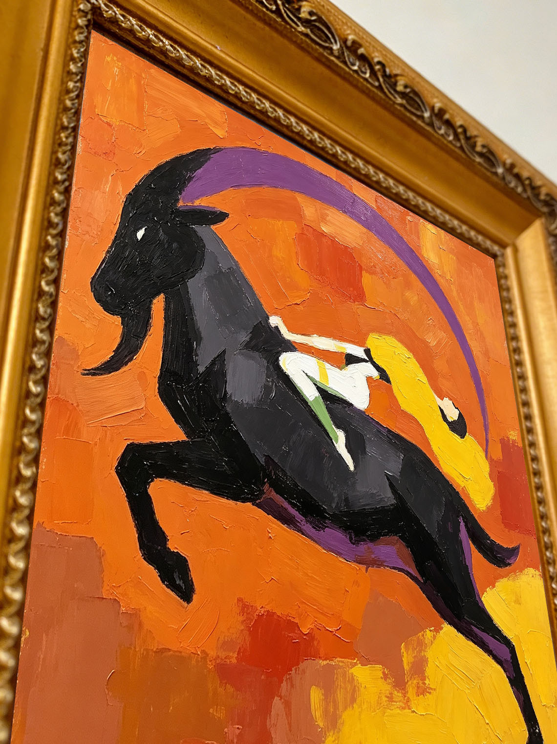 Abstract Mythological Scene Woman Riding Black Goat Bold Orange Background Custom oil painting from photo, Gift for friend，Size 4x4