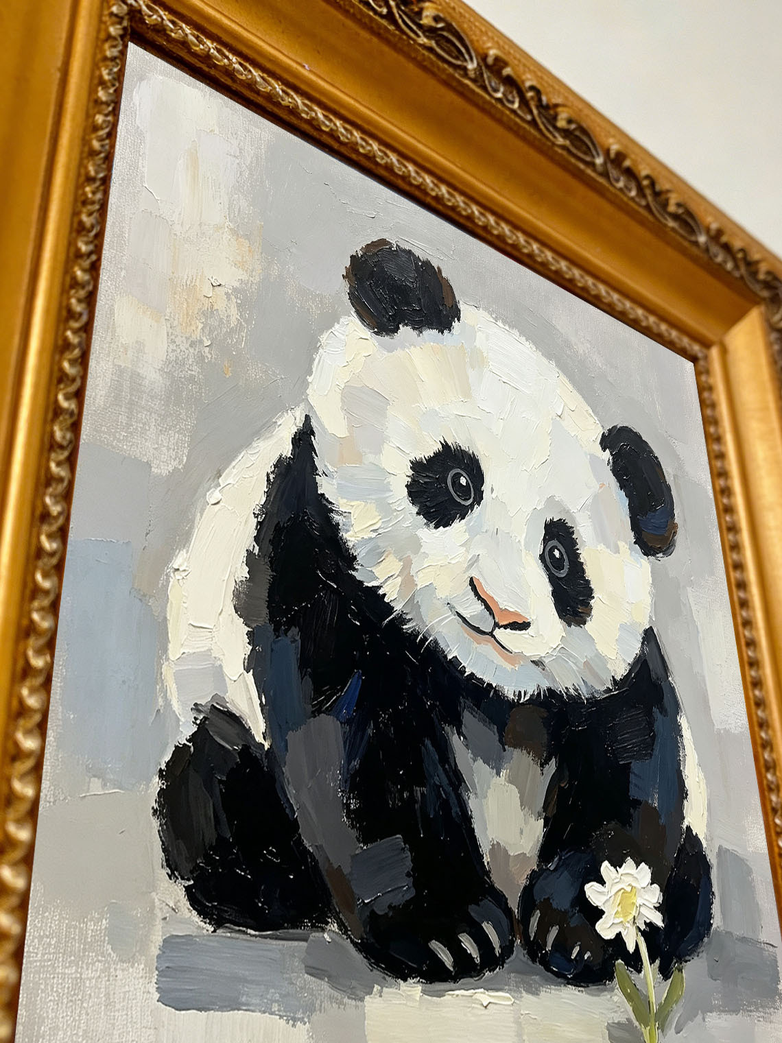 Baby Panda With White Daisy Flower Neutral Grey Background Impasto Oil Painting Custom oil painting from photo, Gift for friend，Size 4x4