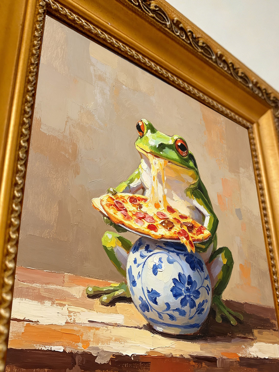 Whimsical Green Frog Eating Melted Cheese Pizza On Blue Floral Vase Oil Painting Custom oil painting from photo, Gift for friend，Size 4x4