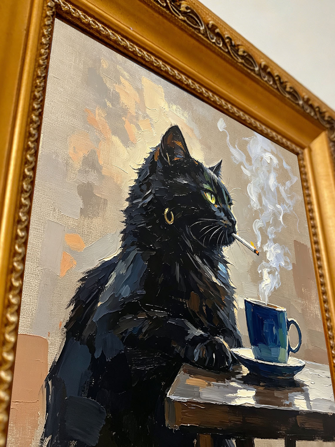 Cool Moody Black Cat With Gold Earring Beside Blue Coffee Cup On Wooden Table Custom oil painting from photo, Gift for friend，Size 4x4