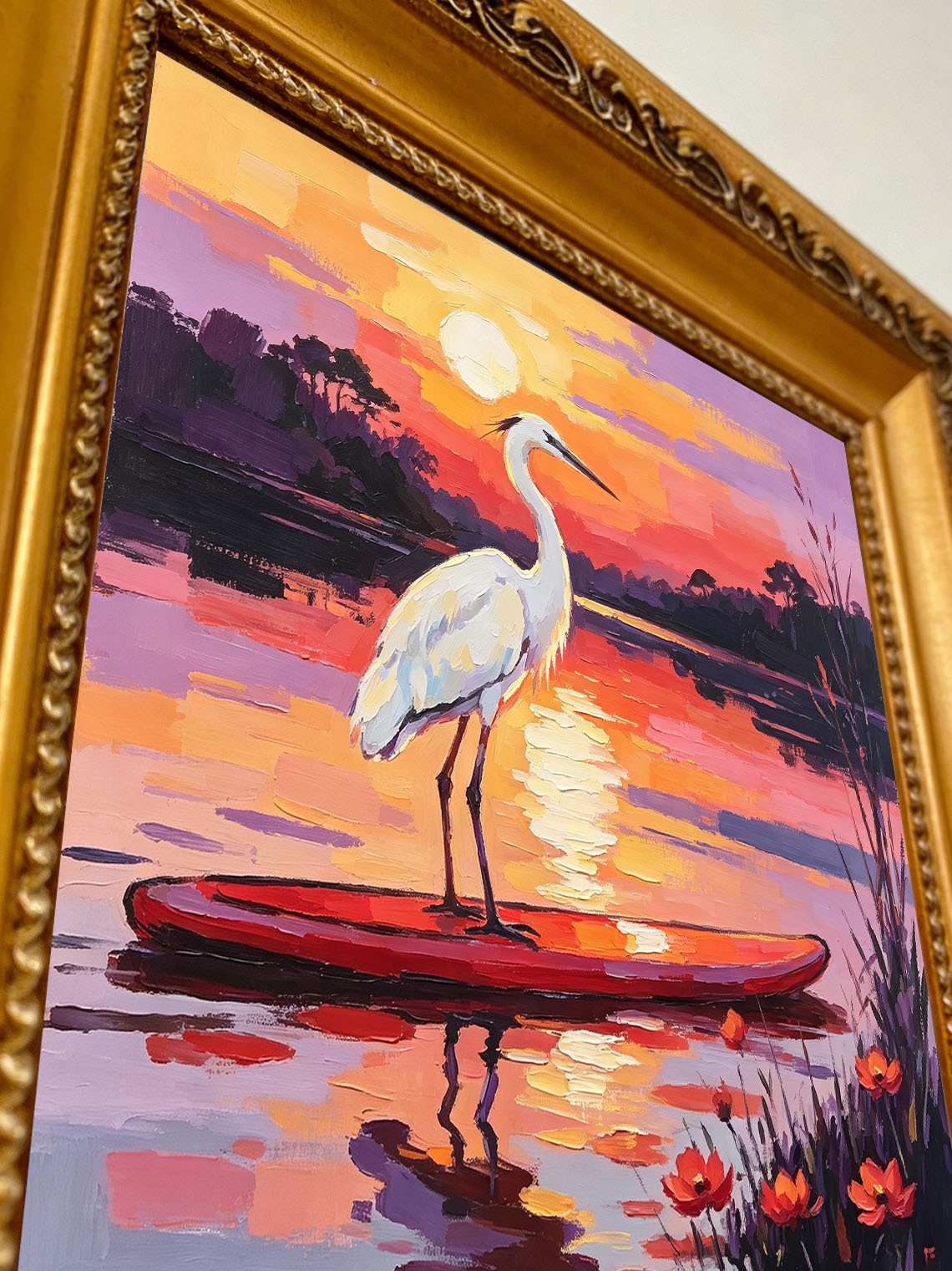 White Egret Standing on Red Paddle Board Over Lake At Vibrant Sunset Landscape Custom oil painting from photo, Gift for friend，Size 4x4