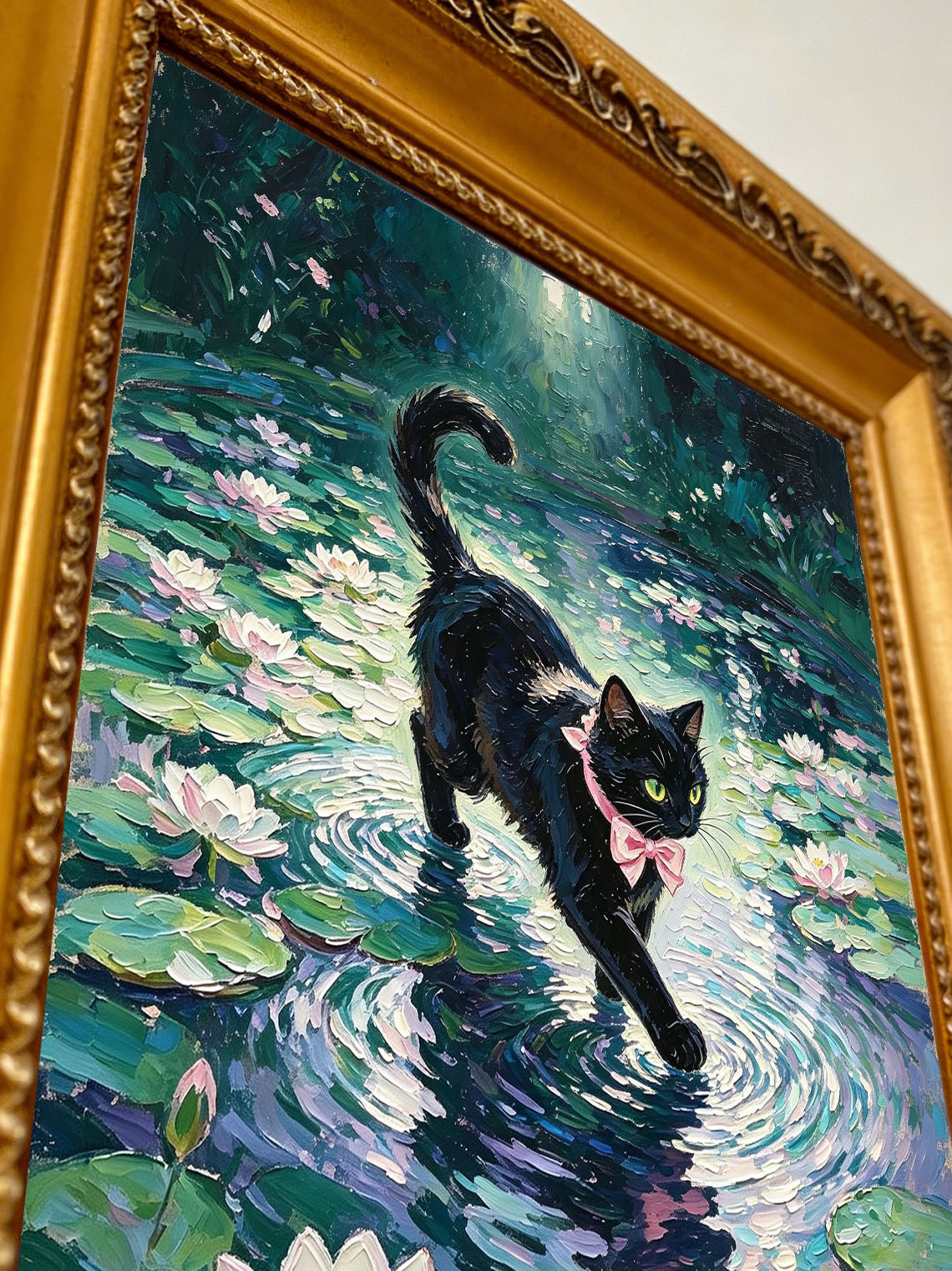 Black Cat With Pink Bow Walking Across Water Lily Pond In Sunlit Garden Custom oil painting from photo, Gift for friend，Size 4x4