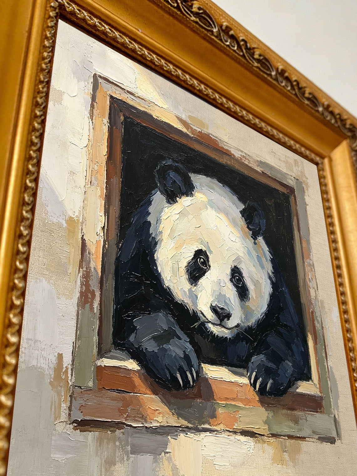 Cute Giant Panda Leaning Out From Wooden Window Box Impasto Oil Painting Custom oil painting from photo, Gift for friend，Size 4x4