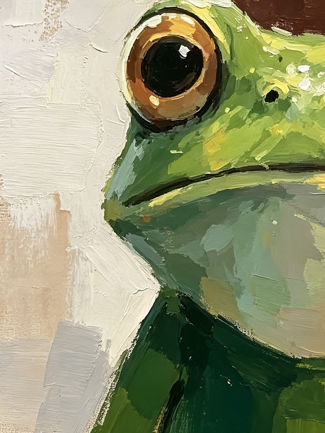 Frog With Messy Bun Hairstyle Whimsical Oil Painting Warm Beige Background  Custom oil painting from photo, Gift for friend，Size 4x4